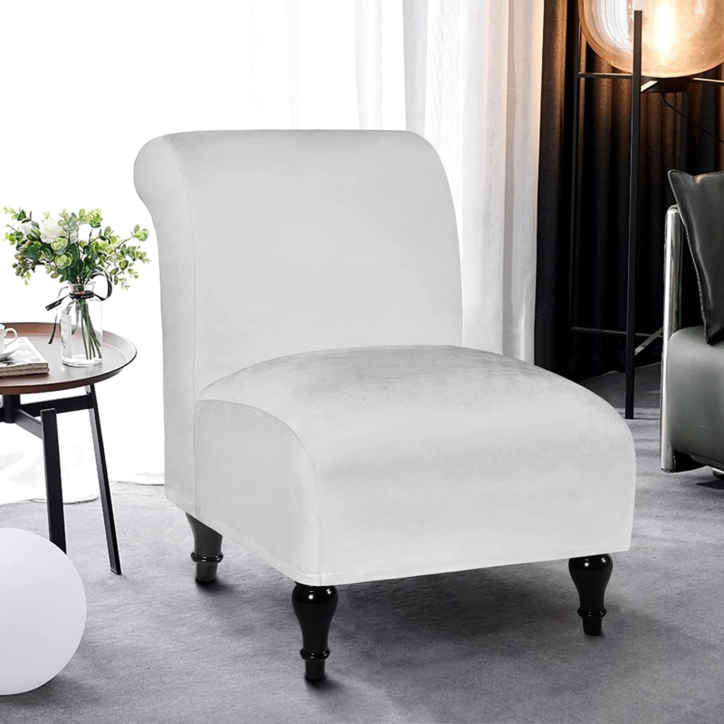 Armless Velvet Accent Chair Slipcover High Stretch Chair Covers with Elastic Bottom Removable Chair Slipcover Without Arms for Living Room Hotel, White