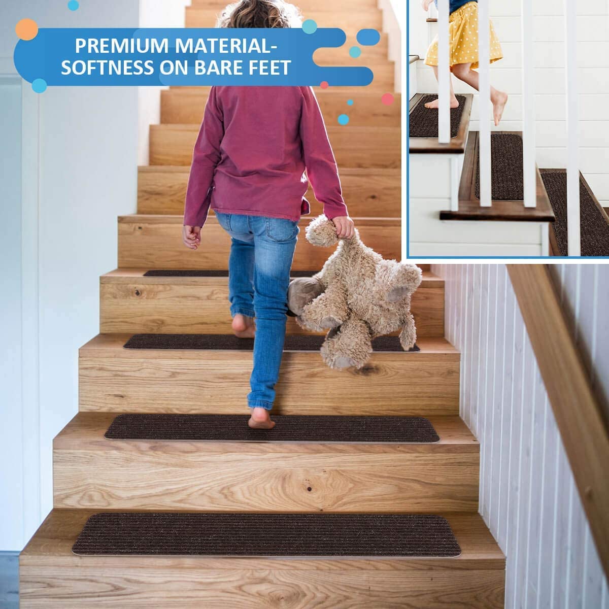 Stair Treads Carpet Non-Slip Indoor Stair Runners for Wooden Steps, Stair Rugs for Kids and Dogs, Set of 15, 8" X 30", Brown
