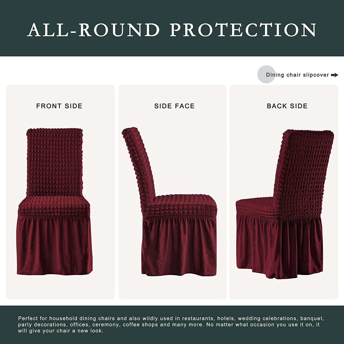 Stretchy Dining Room Chair Covers with Long Skirt, Suitable for families, parties, dirt resistant ,Set of 2/4/6/8 PCS,Wine