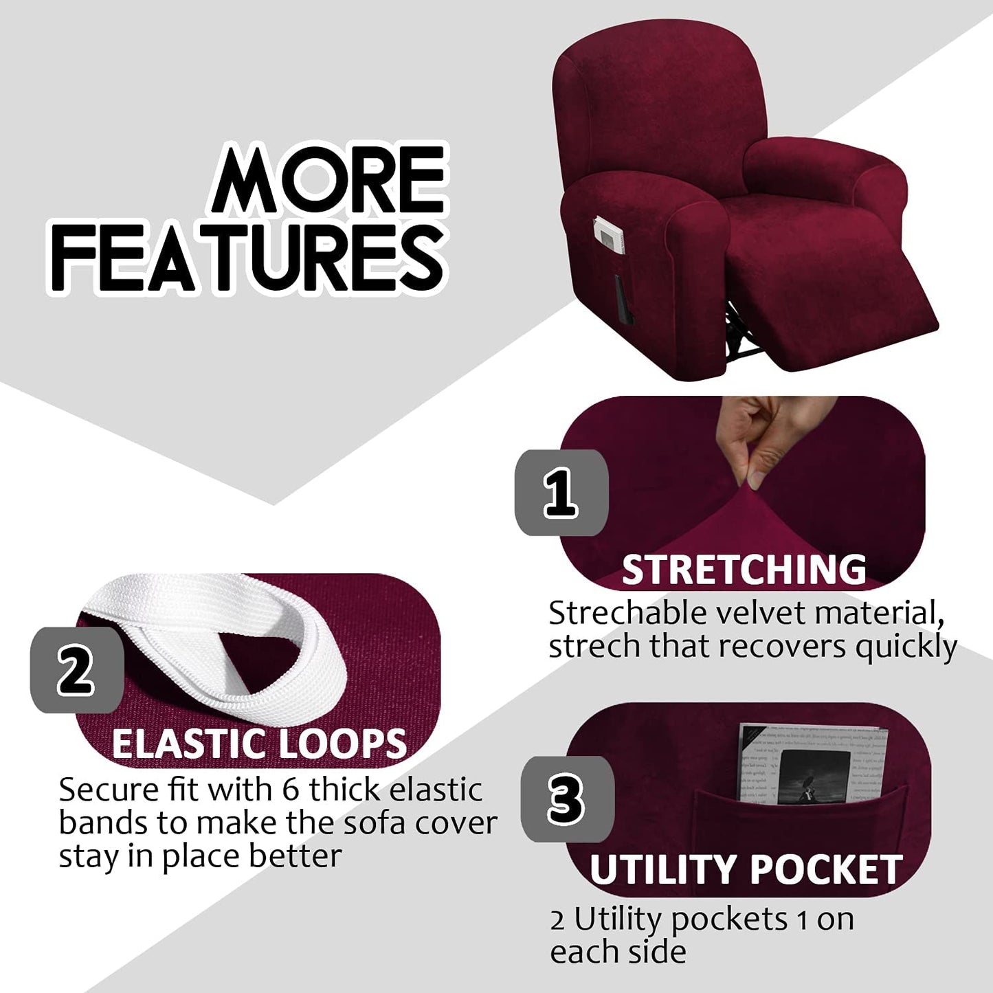 1 Seat Recliner Cover, Velvet Stretch Reclining Chair Covers for 1 Cushion Reclining Sofa, Single Seat Recliner Couch Cover, Thick, Very Soft, Machine Washable, Wine