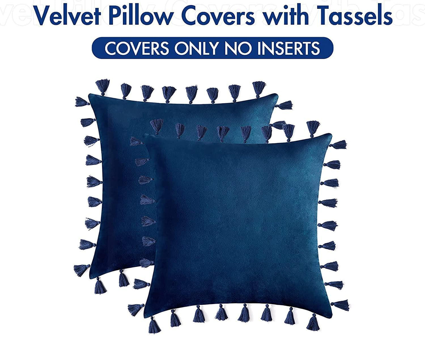 Pack of 2 Velvet Soft Solid Decorative Throw Pillows with Tassels Fringe Boho Accent Cushion Case for Couch Sofa Bed, Navy
