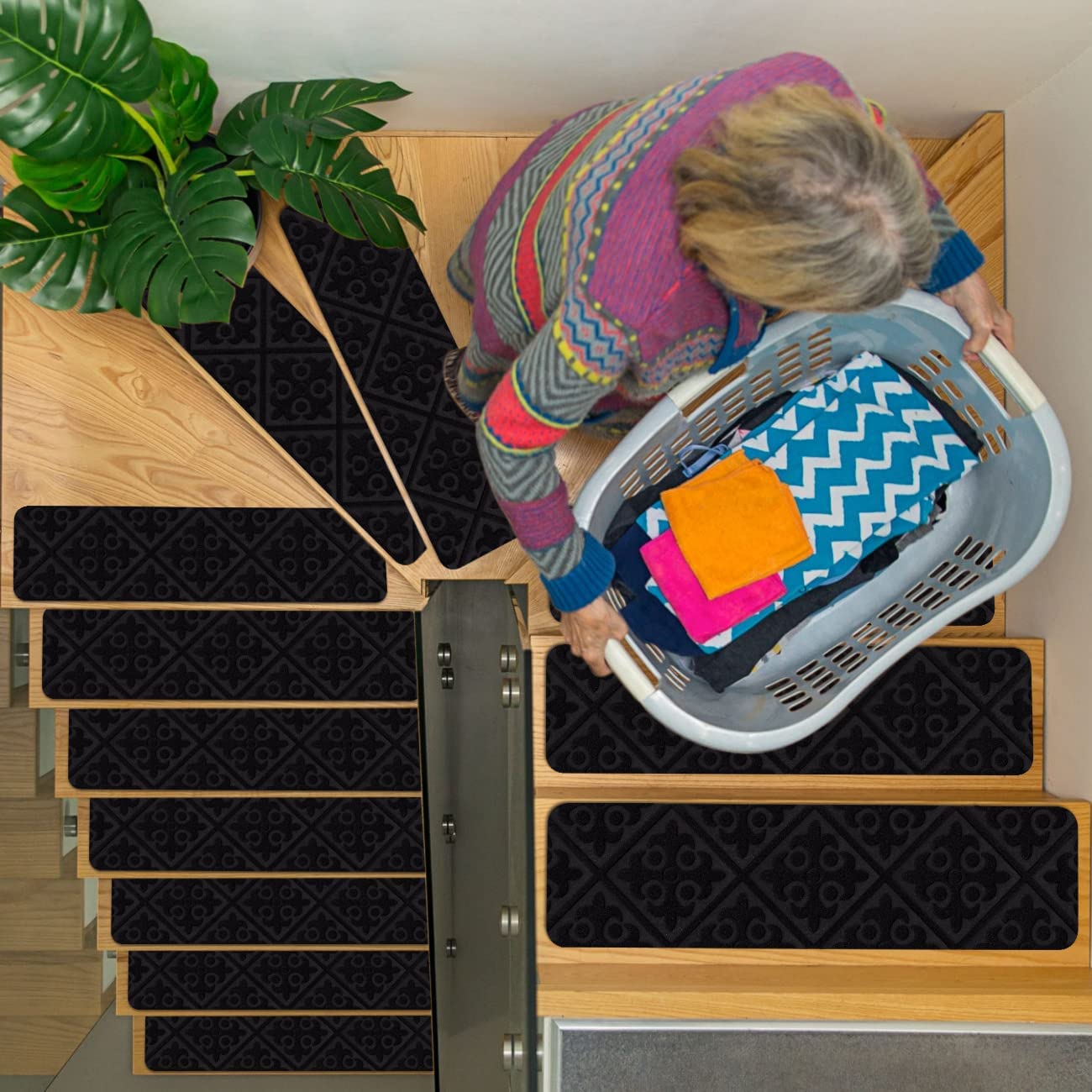 Stair Treads Carpet Non-Slip Indoor Stair Runners for Wooden Steps, Stair Rugs for Kids and Dogs, Set of 15, 8" X 30",Embossing Black