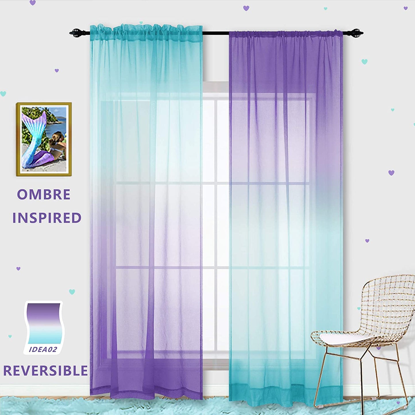 Ombre Sheer Curtains for Bedroom 2 Pieces Set Reversible for Living Room Lemon Green and Purple