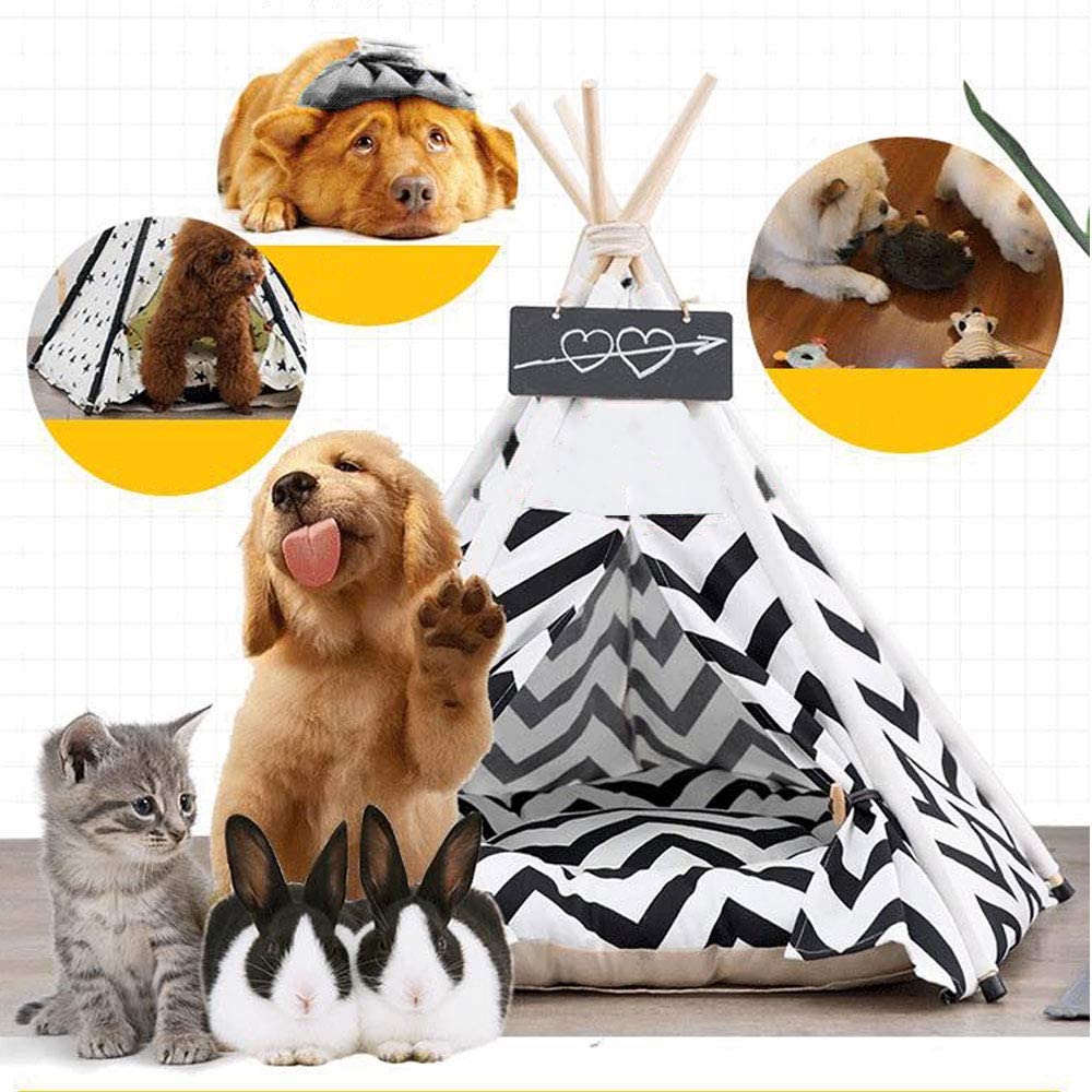 Pet Teepee with Cushion for Dogs and Cats Puppies House with Bed Pet Tent Bed Indoor Outdoor, Off White