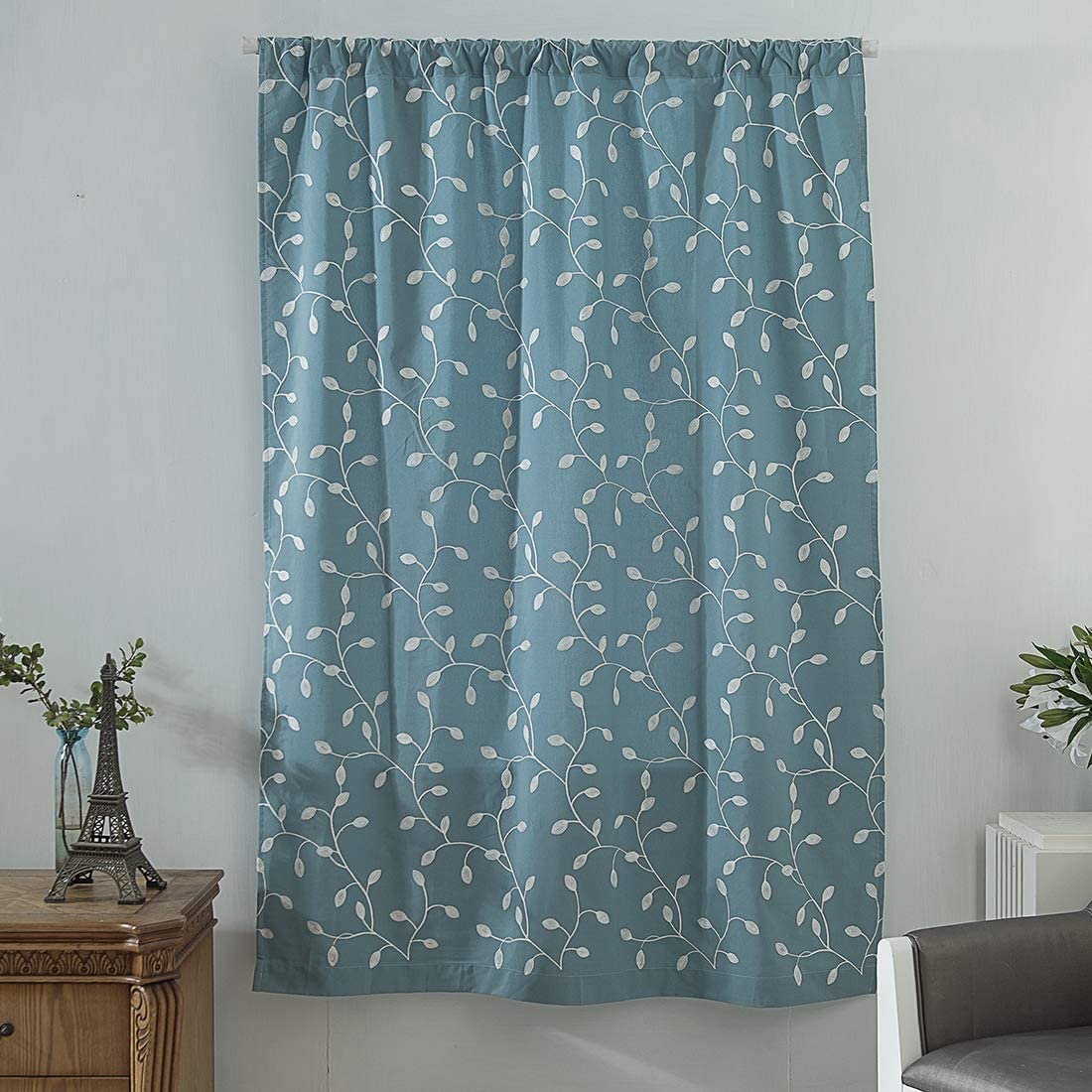 Leaf Embroidered Farmhouse Tie Up Shade Curtain 1 Piece, Turquoise