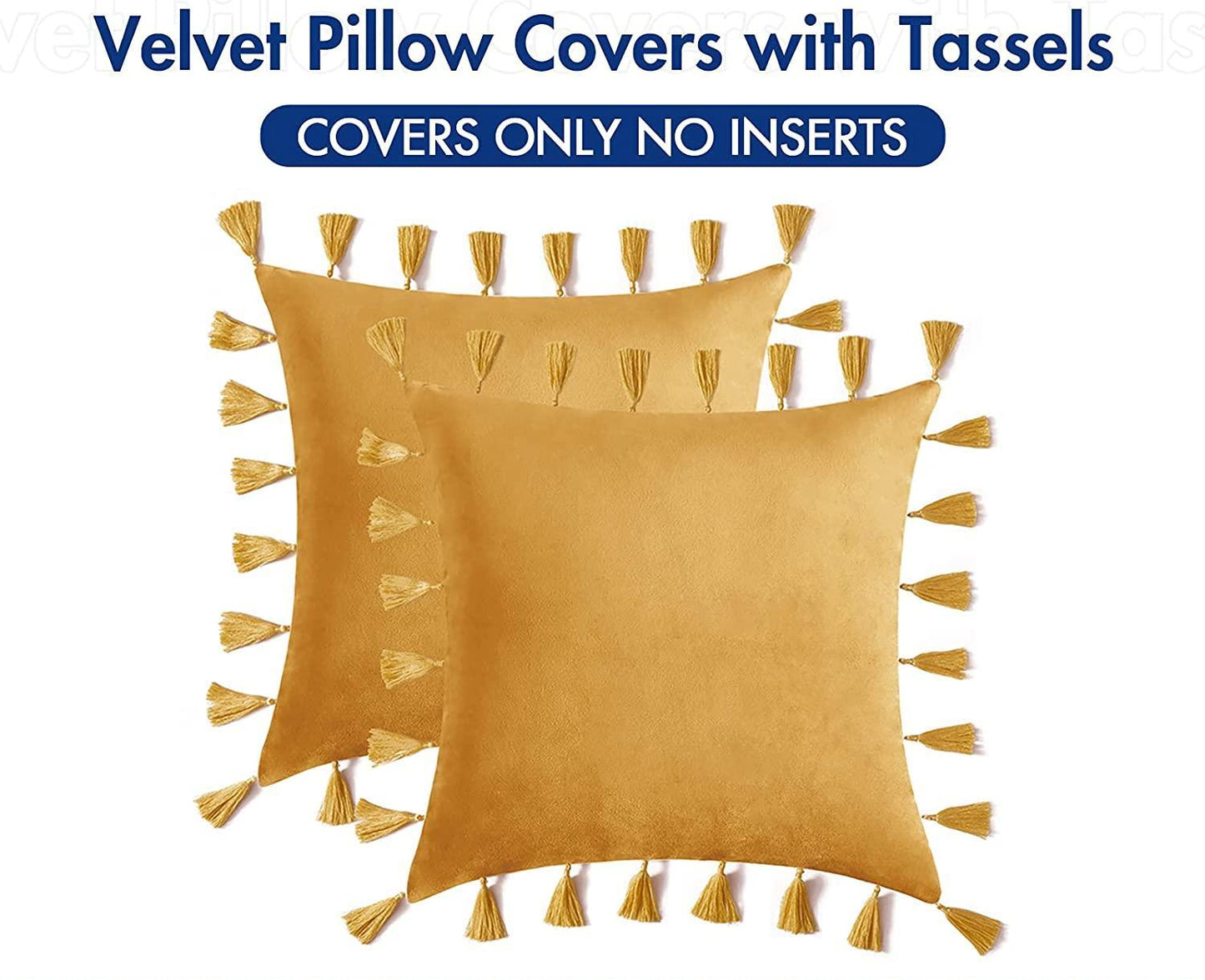 Pack of 2 Velvet Soft Solid Decorative Throw Pillows with Tassels Fringe Boho Accent Cushion Case for Couch Sofa Bed, Gold