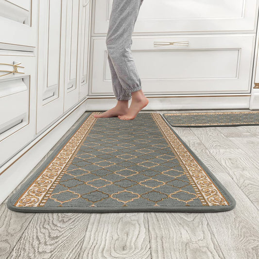 Kitchen Rugs 2 Piece Non Slip Soft Boho Embroidered Rug Runner, Grey