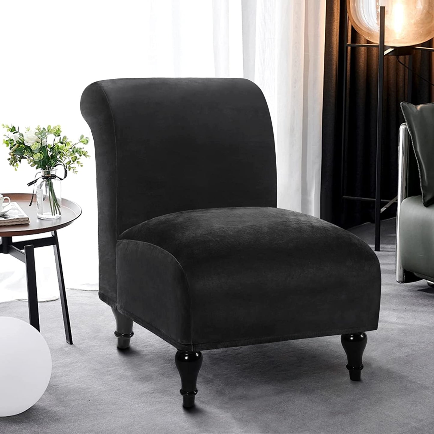 Armless Velvet Accent Chair Slipcover High Stretch Chair Covers with Elastic Bottom Removable Chair Slipcover Without Arms for Living Room Hotel, Black