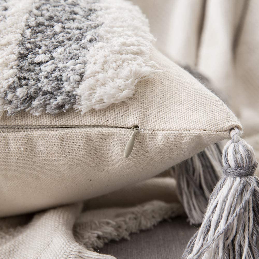 Tribal Boho Woven with Tassels Pillow Square Soft Couch Pillows Set of 2 (Inserts + Pillow Covers, Grey)
