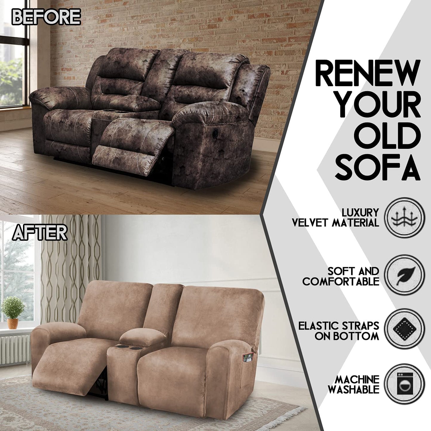 2 Seater with Middle Console Slipcover, Velvet Stretch Loveseat Reclining Sofa Covers, Thick, Soft, Washable, Sand