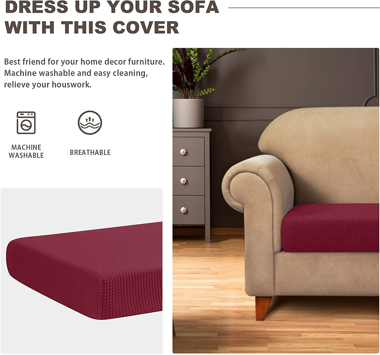 Water Repellent Sofa Couch Cushion Covers Sofa Seat Slipcover Suitable for 1/2/3 Setaer Furniture Protector, Non Slip Small Checks, Wine