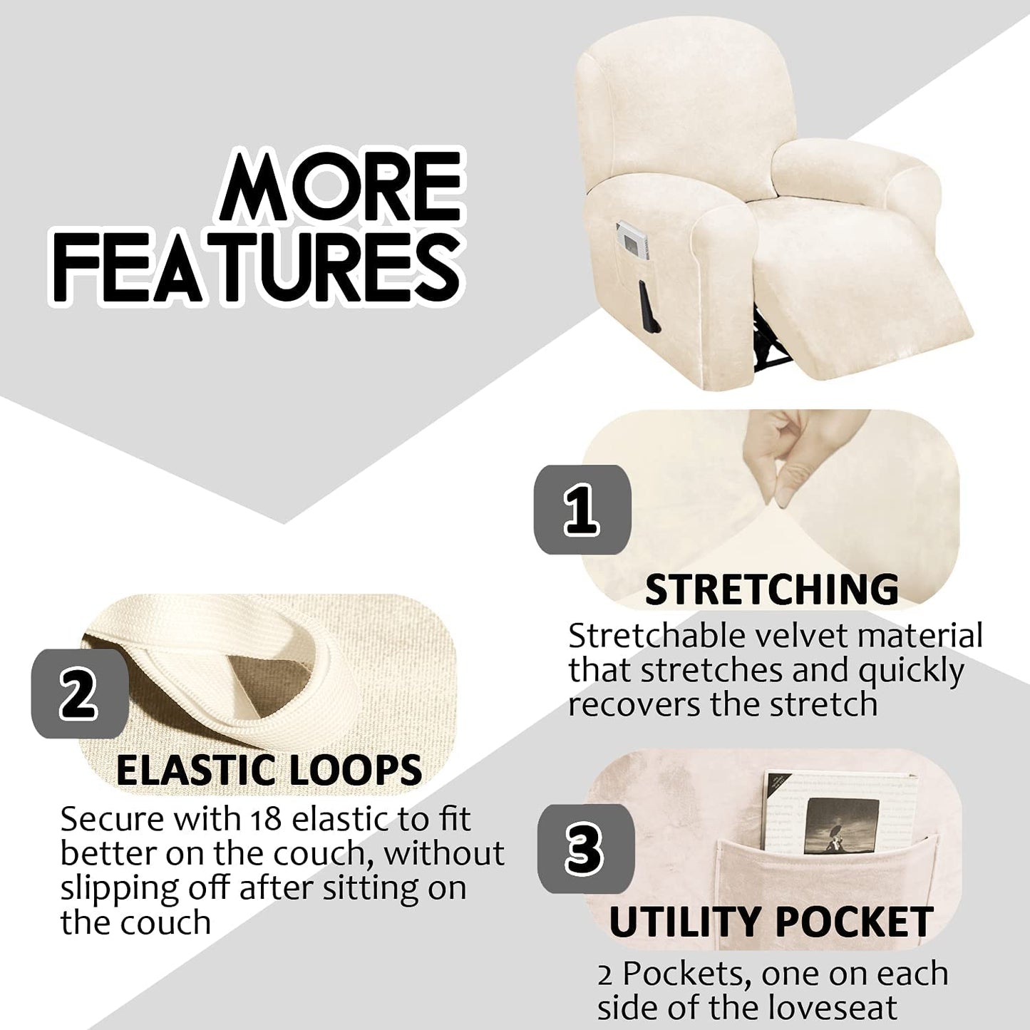 1 Seat Recliner Cover, Velvet Stretch Reclining Chair Covers for 1 Cushion Reclining Sofa, Single Seat Recliner Couch Cover, Thick, Very Soft, Machine Washable, Ivory White