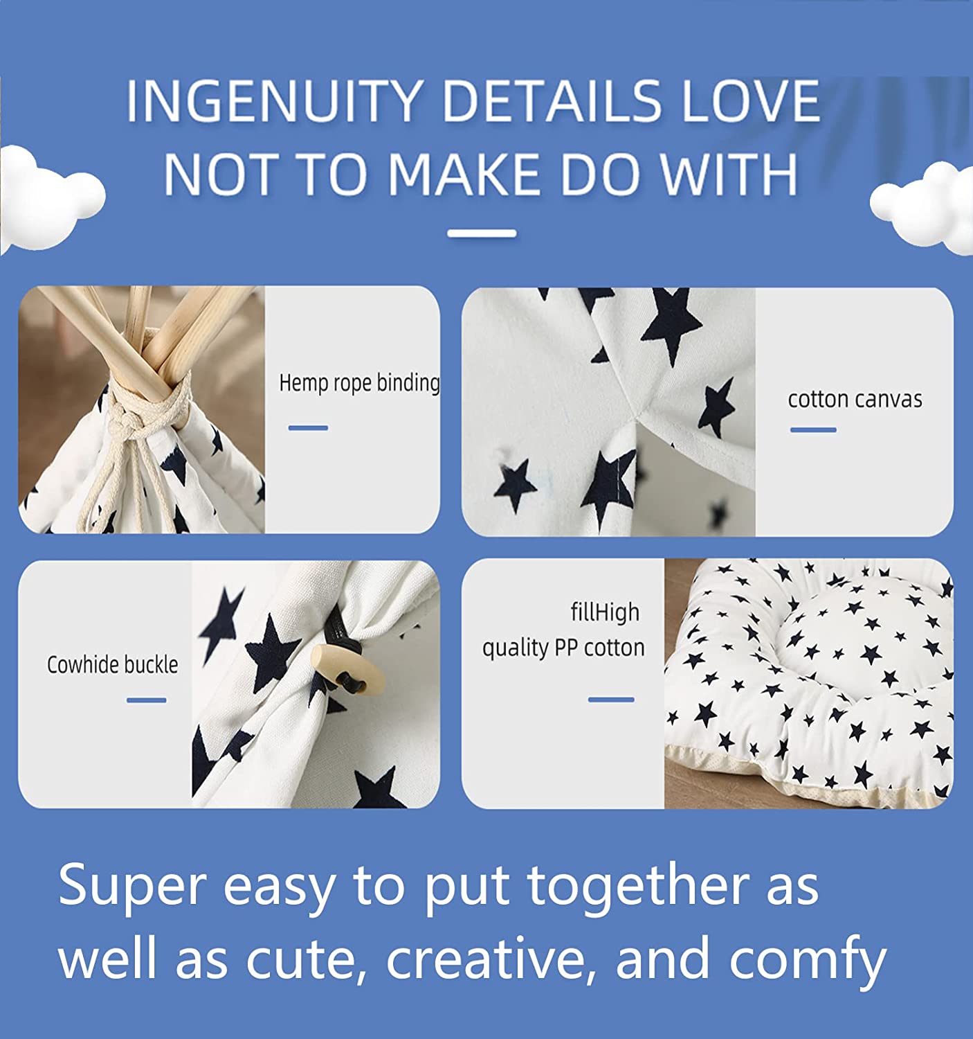 Dog Cat Teepee Tent, Dog Tent Indoor, Folding Indoor Puppy Pet Teepee Bed with Soft Cushion Bed，Star on White