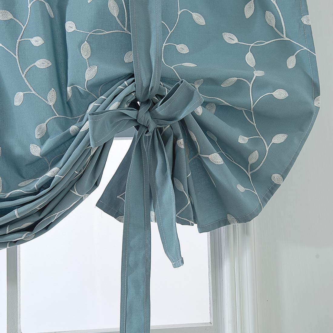 Leaf Embroidered Farmhouse Tie Up Shade Curtain 1 Piece, Turquoise
