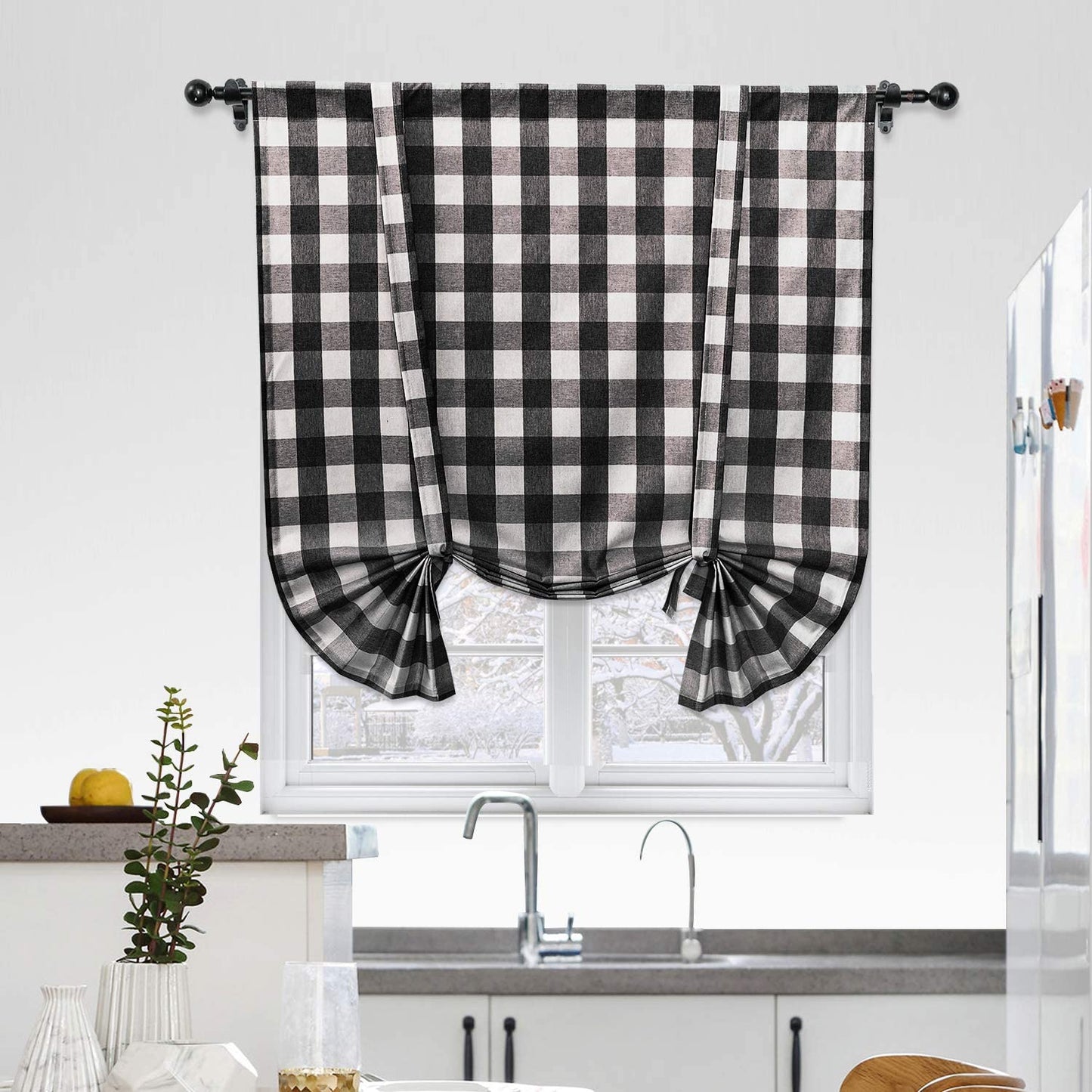 Tie Up Curtain for Kitchen Window Buffalo Check Rod Pocket, Black and White