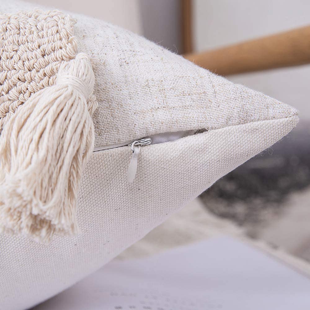 Tribal Boho Woven with Tassels Pillow Square Soft Couch Pillows Set of 2 (Inserts + Pillow Covers, Beige)