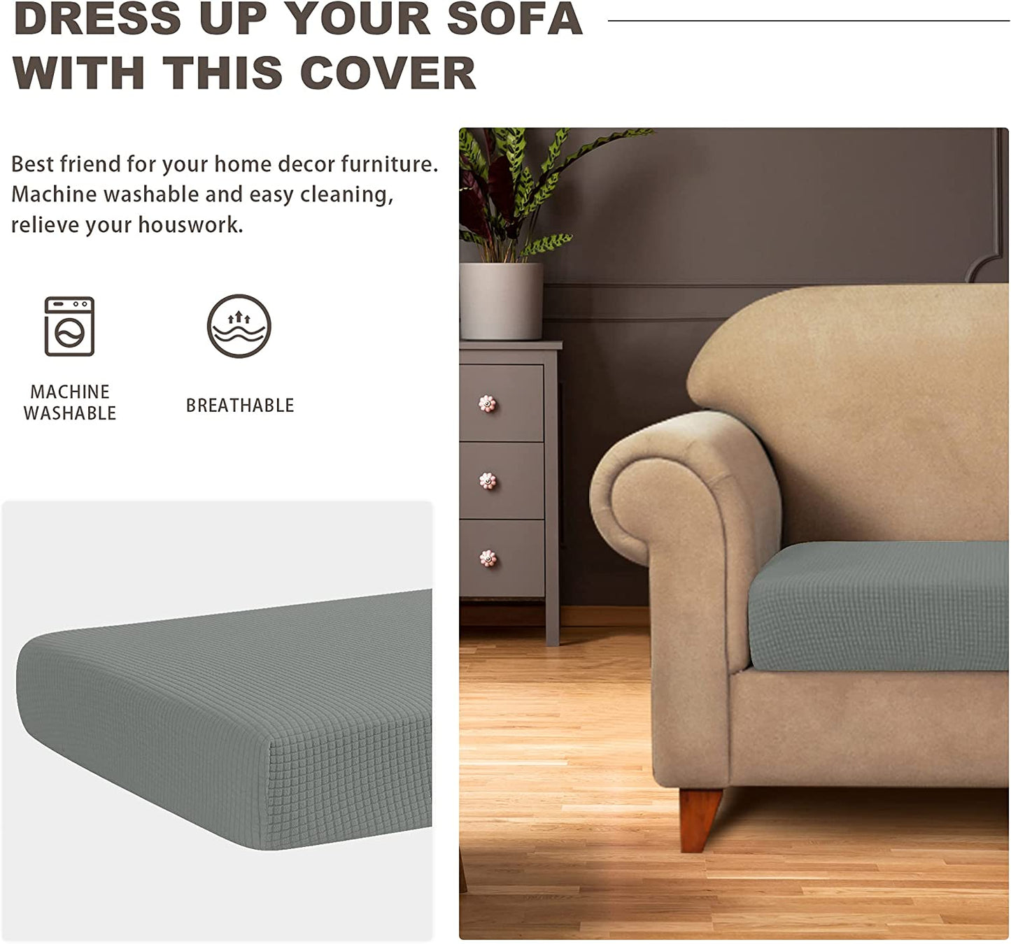 Water Repellent Sofa Couch Cushion Covers Sofa Seat Slipcover Suitable for 1/2/3 Setaer Furniture Protector, Non Slip Small Checks, Grey