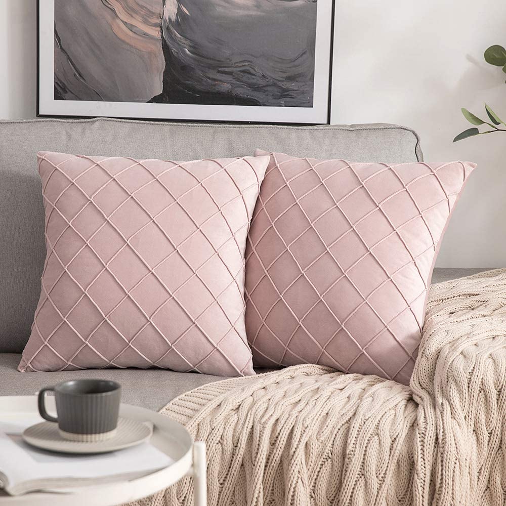 Velvet Throw Pillow Square Soft Couch Pillows Set of 2 (Inserts + Pillow Covers, Pink)