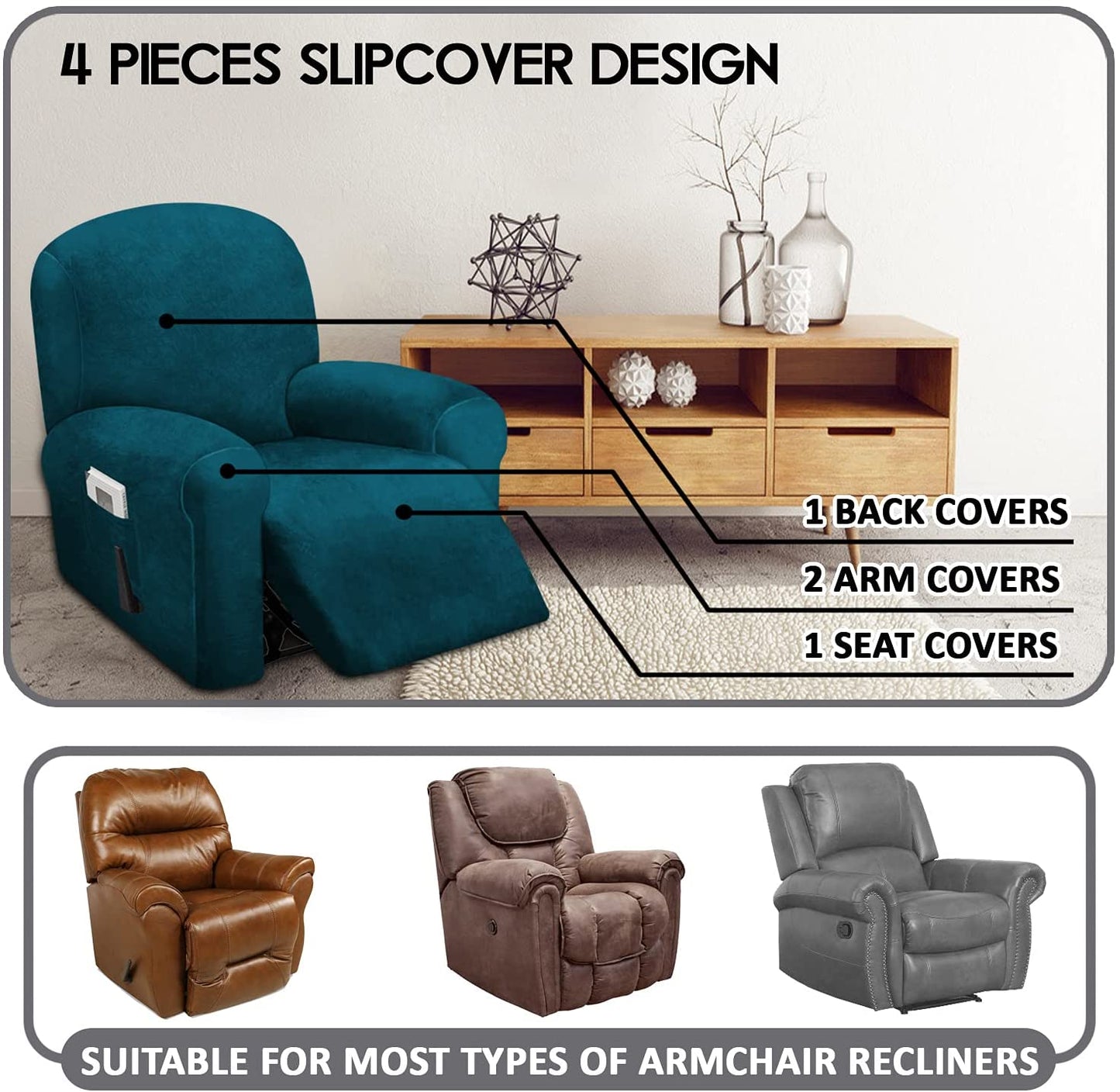 1 Seat Recliner Cover, Velvet Stretch Reclining Chair Covers for 1 Cushion Reclining Sofa, Single Seat Recliner Couch Cover, Thick, Very Soft, Machine Washable, Deep Teal
