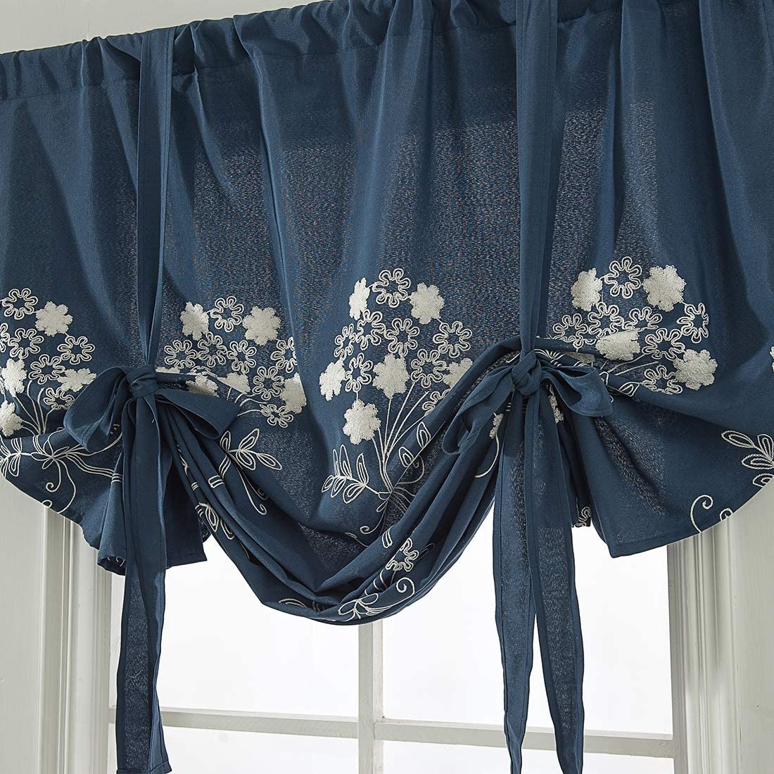 Floral Embroidered Farmhouse Tie Up Shade Curtain Rod Pocket 1 Piece, Navy