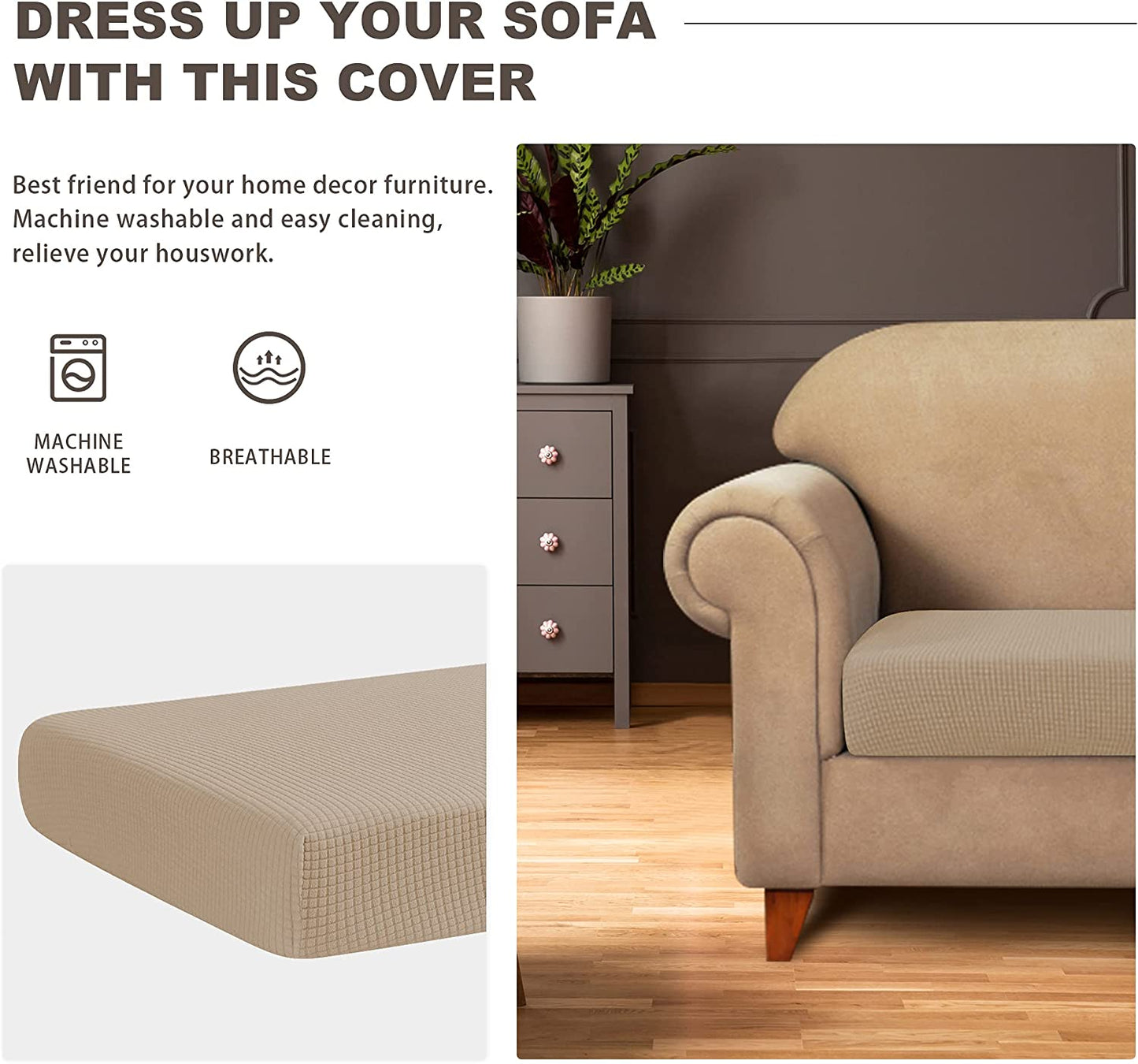 Water Repellent Sofa Couch Cushion Covers Sofa Seat Slipcover Suitable for 1/2/3 Setaer Furniture Protector, Non Slip Small Checks, Sand
