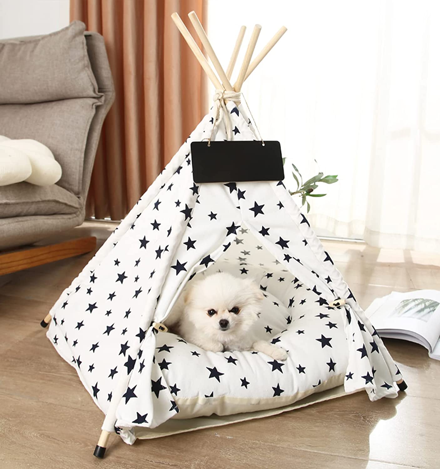 Dog Cat Teepee Tent, Dog Tent Indoor, Folding Indoor Puppy Pet Teepee Bed with Soft Cushion Bed，Star on White