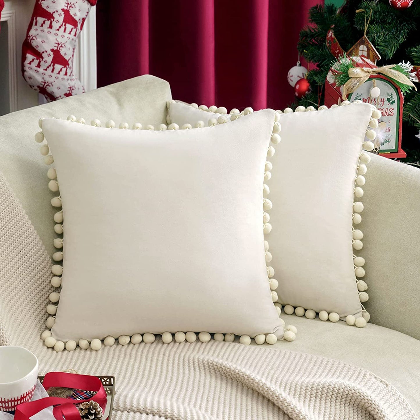 2x  Square Throw Pillows with Cute Pom-poms for Couch Sofa Bedroom Decor (Inserts + Pillow Covers, Cream White)