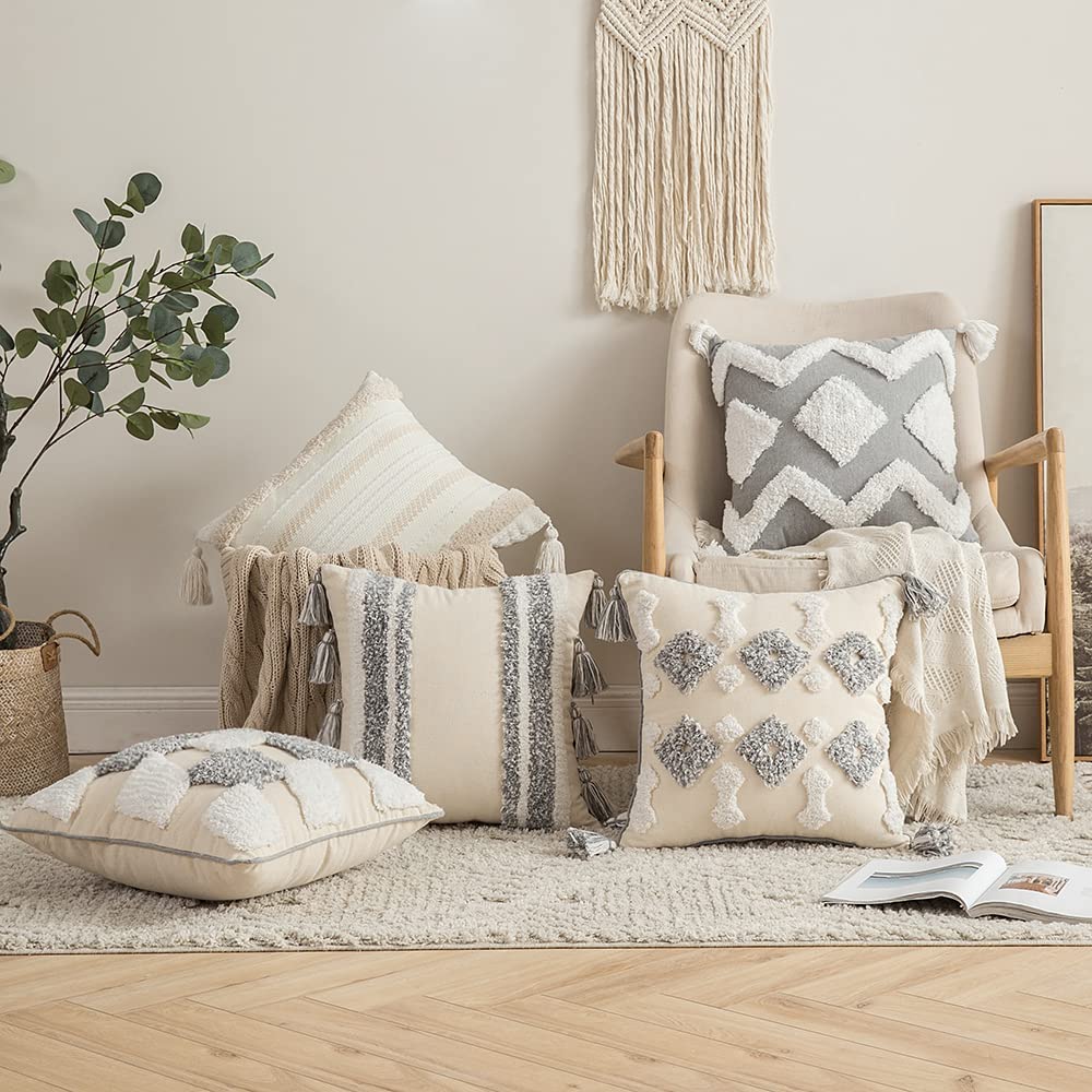 Tribal Boho Woven with Tassels Pillow Square Soft Couch Pillows Set of 2 (Inserts + Pillow Covers, Diamond)