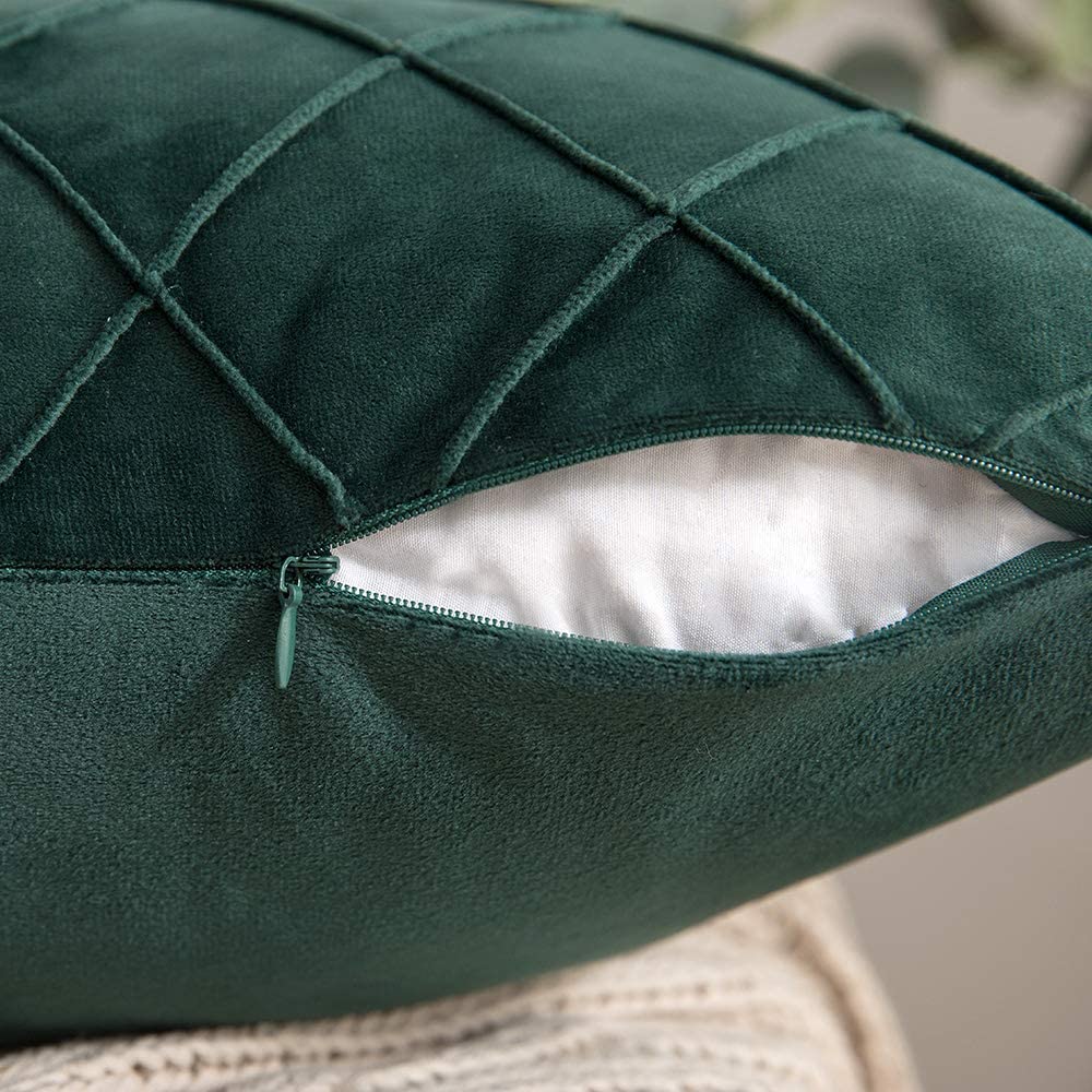 Velvet Throw Pillow Square Soft Couch Pillows Set of 2 (Inserts + Pillow Covers, Dark Green)