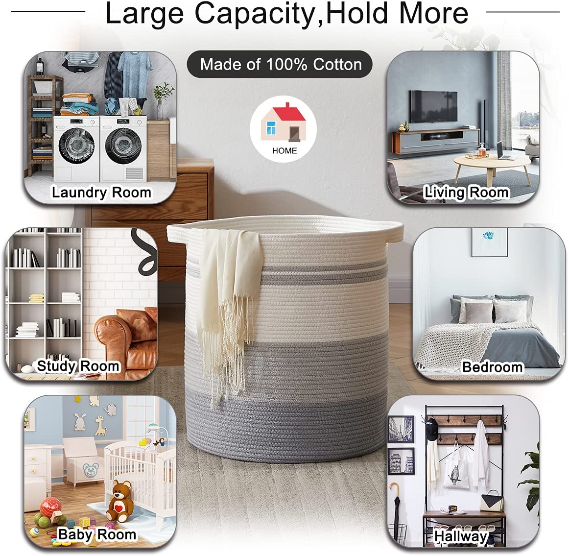 Laundry Baskets Storage Basket with Handles,Decorative Basket for Living room,Woven Storage Basket for Toys Bin-18x16in,Gradient Gray