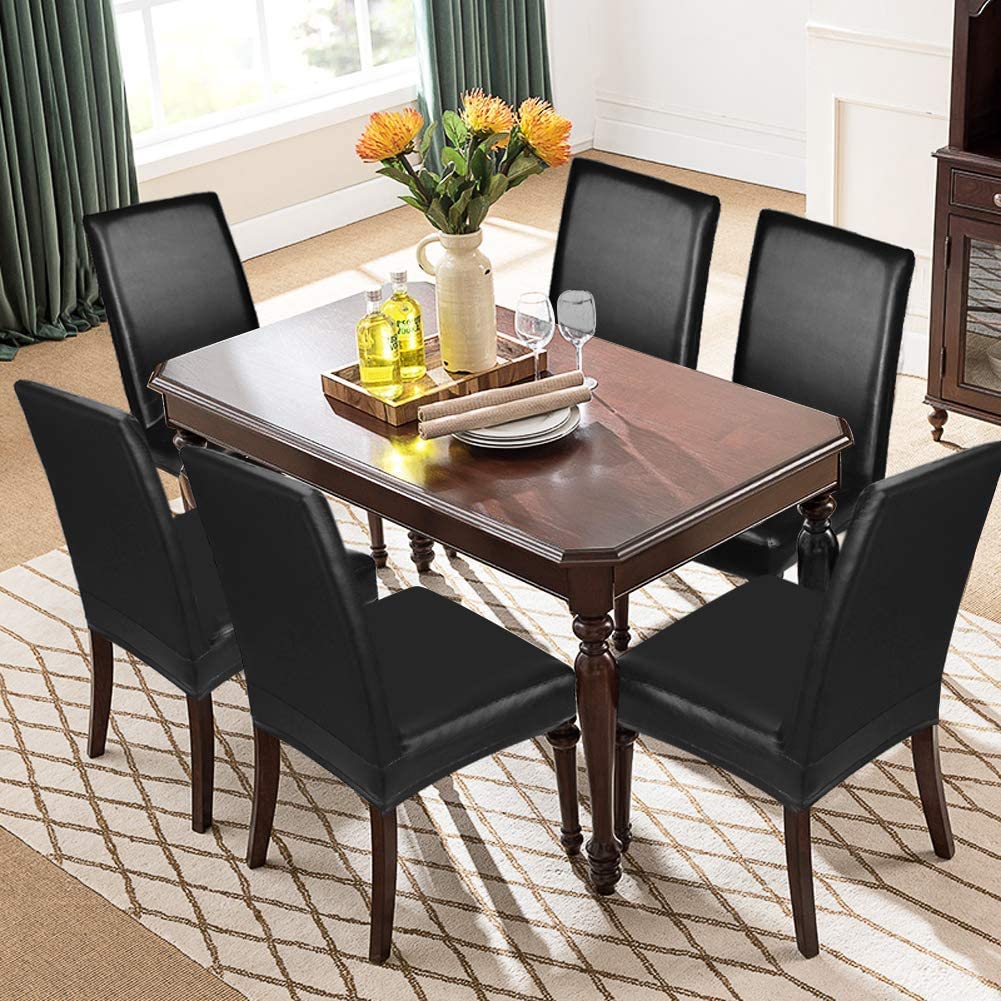 Dining Chair Covers, Solid Pu Leather Waterproof and Oilproof Stretch Slipcover, 2/4/6/8, Black