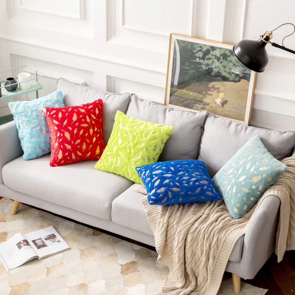 2x Square Throw Pillows Decorative Faux Fur Gold Feathers Gilding Leaves Cushion Cases Soft Fluffy(Inserts + Pillow Covers, Red)