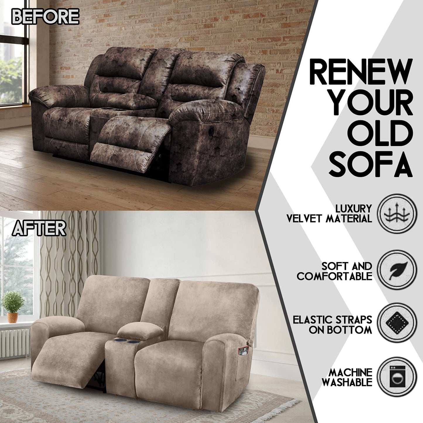 2 Seater with Middle Console Slipcover, Velvet Stretch Loveseat Reclining Sofa Covers, Thick, Soft, Washable, Taupe
