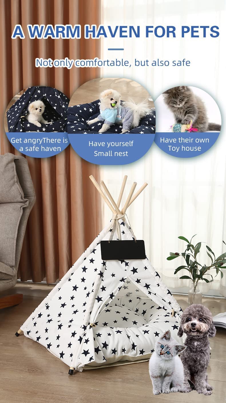 Dog Cat Teepee Tent, Dog Tent Indoor, Folding Indoor Puppy Pet Teepee Bed with Soft Cushion Bed，Star on White