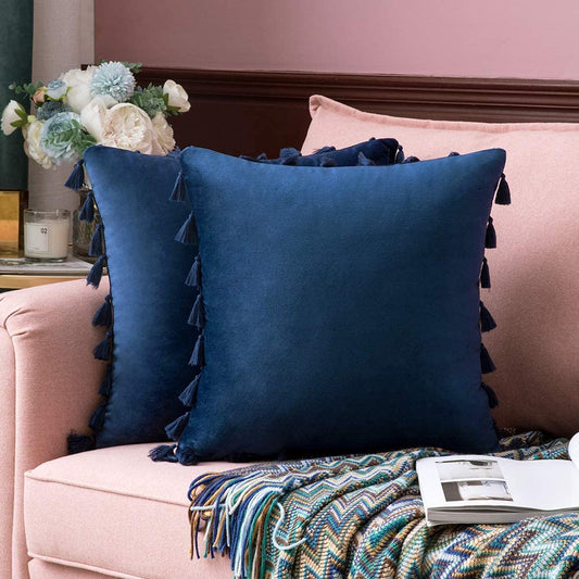 Pack of 2 Velvet Soft Solid Decorative Throw Pillows with Tassels Fringe Boho Accent Cushion Case for Couch Sofa Bed, Navy