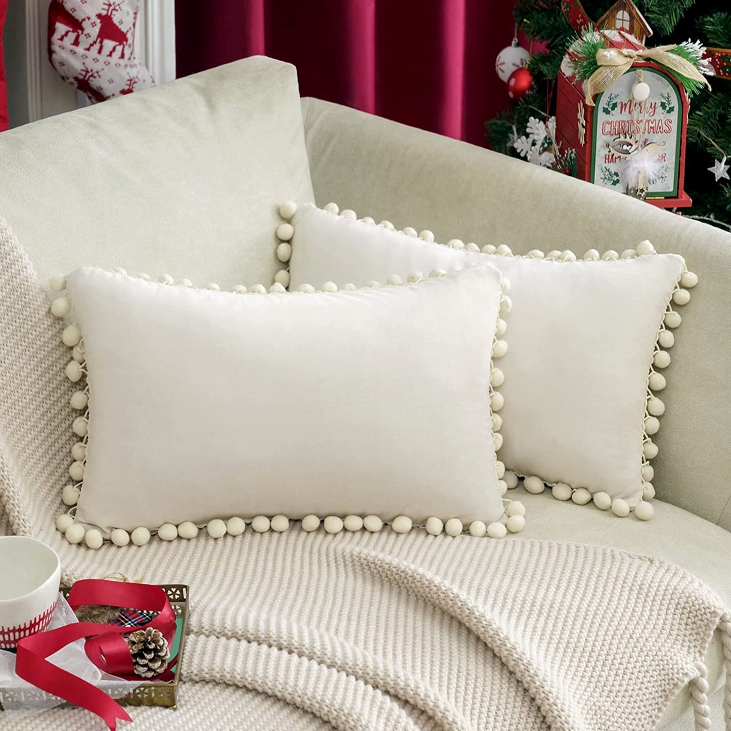2x  Square Throw Pillows with Cute Pom-poms for Couch Sofa Bedroom Decor (Inserts + Pillow Covers, Cream White)
