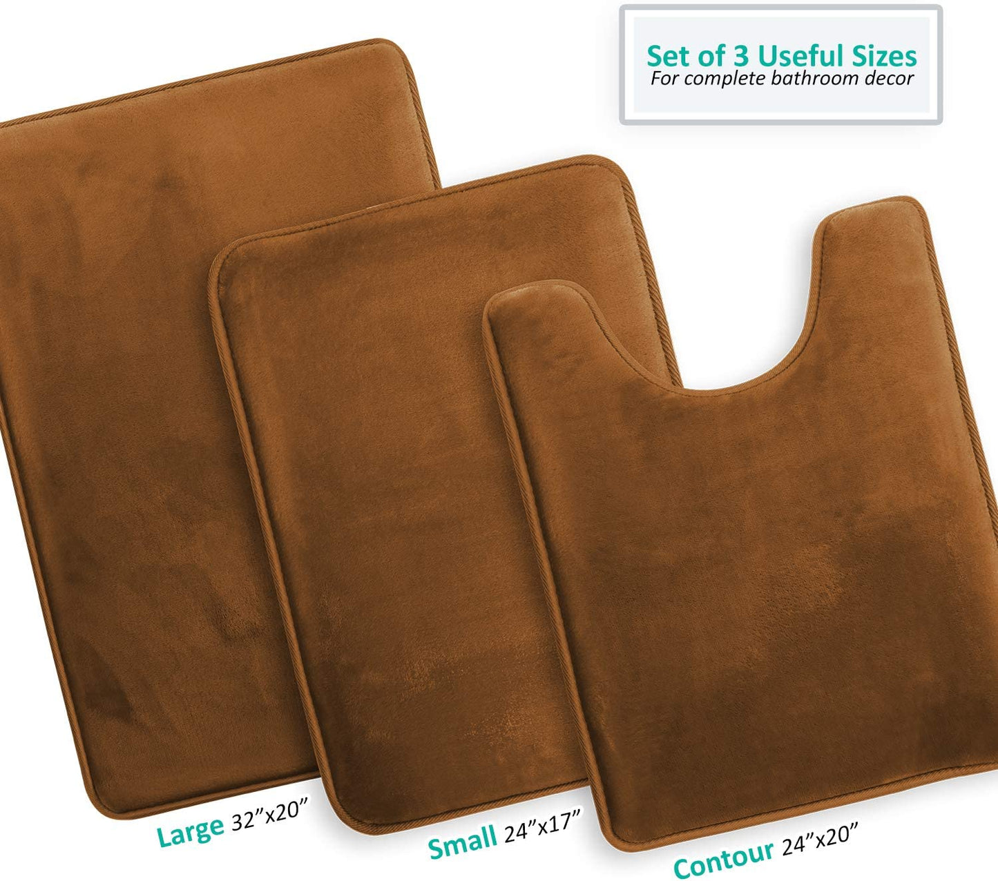 Bathroom Rugs Memory Foam Bath Mat Set for Bathroom, Non Slip Absorbent Velvet - Fast Drying –Bathroom Rug and Contour Rug Set 3 Piece -Brown
