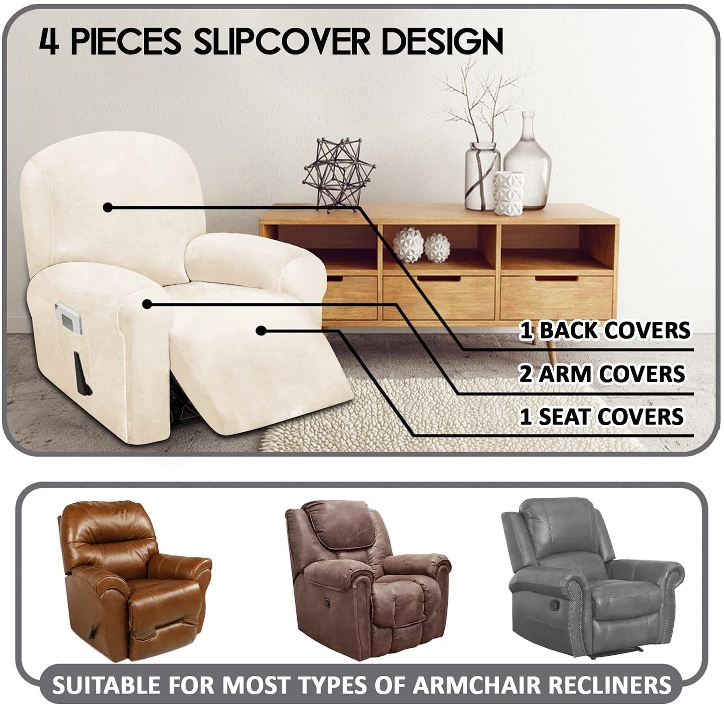1 Seat Recliner Cover, Velvet Stretch Reclining Chair Covers for 1 Cushion Reclining Sofa, Single Seat Recliner Couch Cover, Thick, Very Soft, Machine Washable, Ivory White