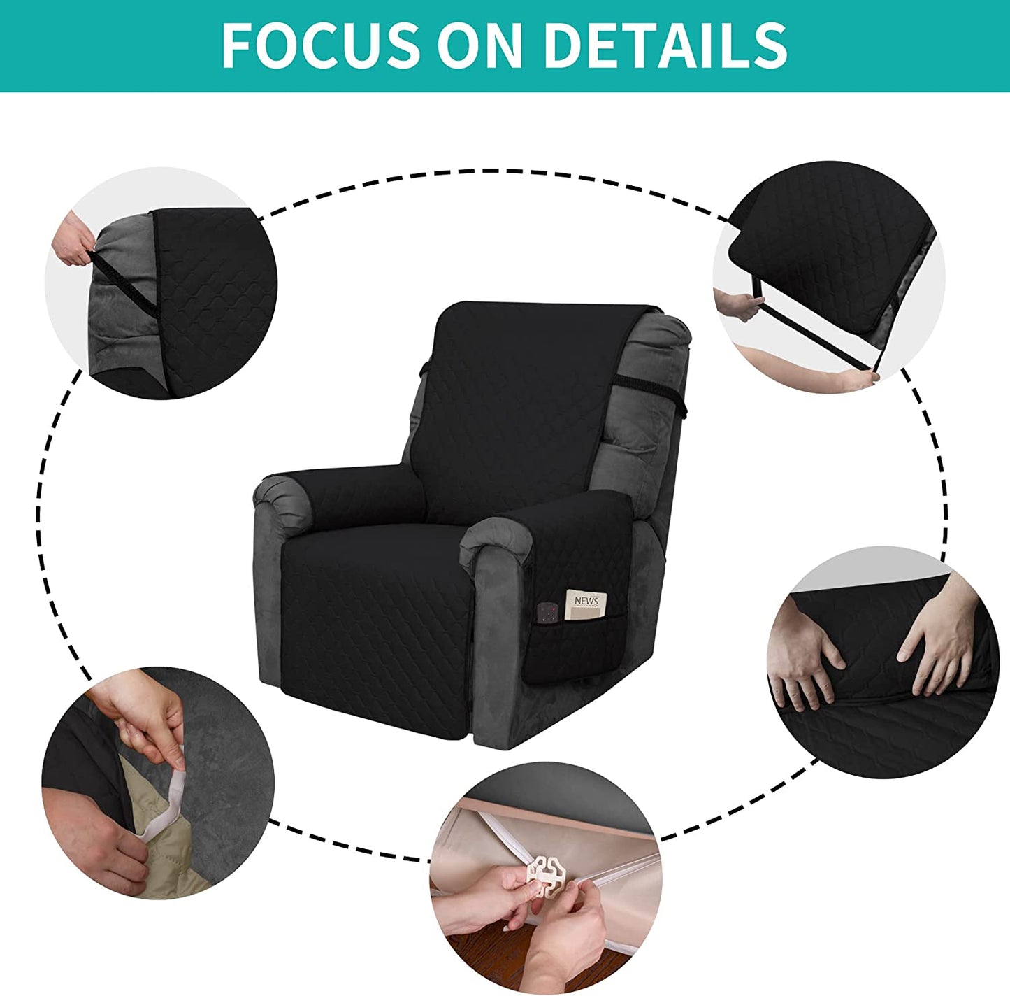 Recliner Sofa Cover for 1/2/3 Seater with Pocket, Slipcovers Reversible Washable Elastic Adjustable Strap for home,Black