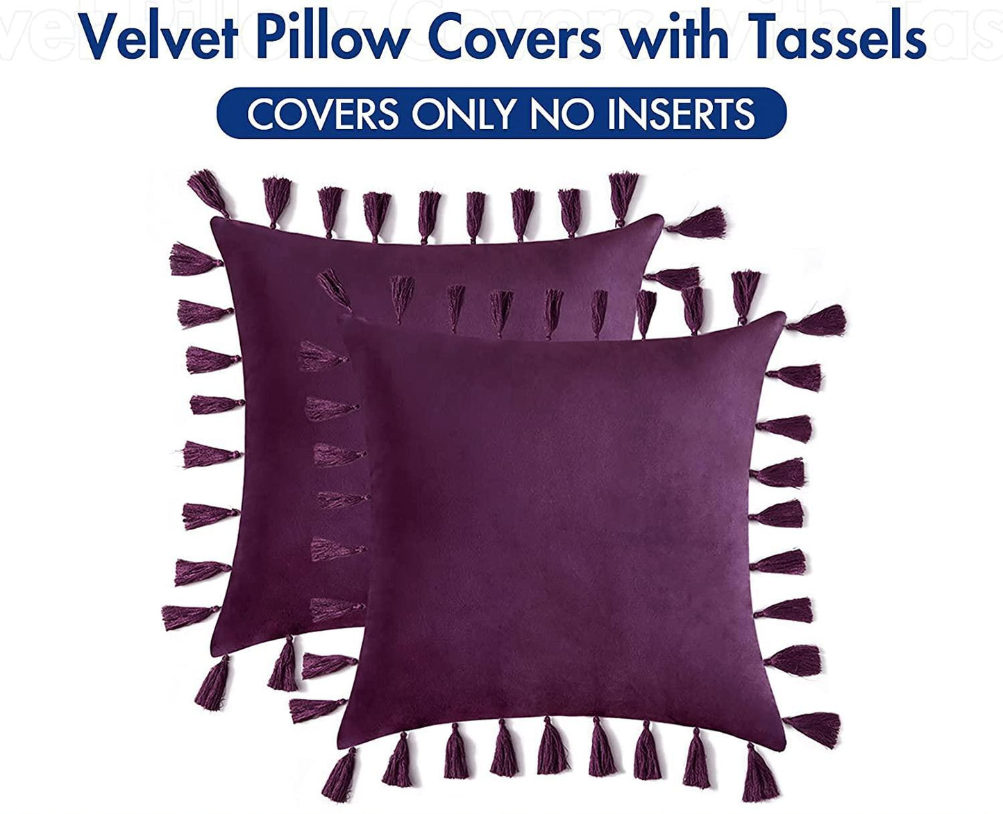 Pack of 2 Velvet Soft Solid Decorative Throw Pillows with Tassels Fringe Boho Accent Cushion for Couch Sofa Bed, Purple