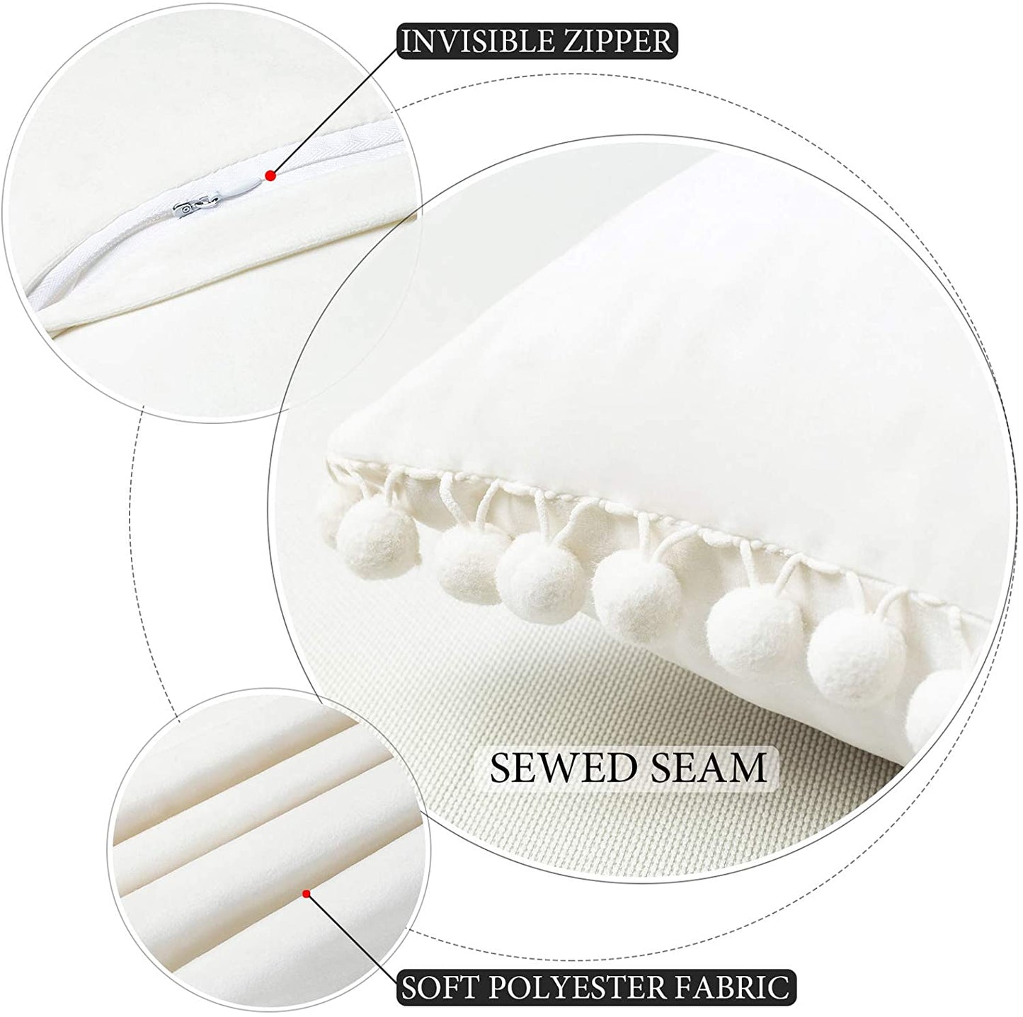 2x  Square Throw Pillows with Cute Pom-poms for Couch Sofa Bedroom Decor (Inserts + Pillow Covers,  White)