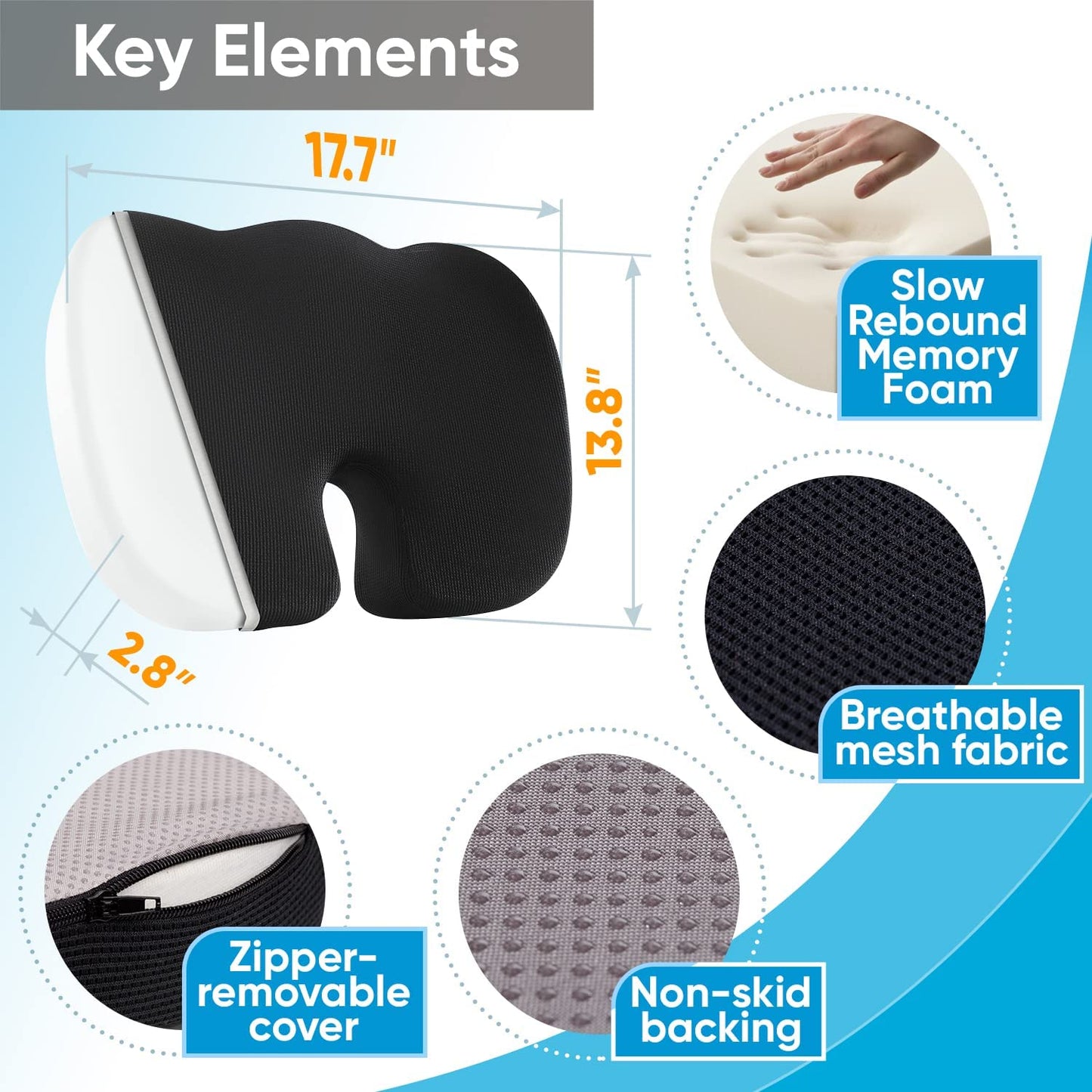 Memory Foam Gel Seat Cushion for Office Chair, Comfort Car Chair Cushion, Desk Seat Cushion for Tailbone Sciatica Pain Relief, Ergonomic Seat Pad,Suede,Black