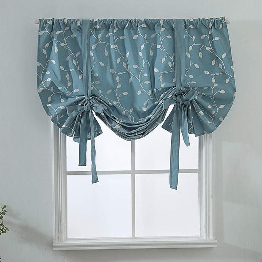 Leaf Embroidered Farmhouse Tie Up Shade Curtain 1 Piece, Turquoise