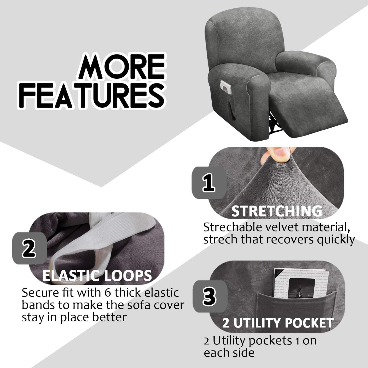1 Seat Recliner Cover, Velvet Stretch Reclining Chair Covers for 1 Cushion Reclining Sofa, Single Seat Recliner Couch Cover, Thick, Very Soft, Machine Washable, Grey
