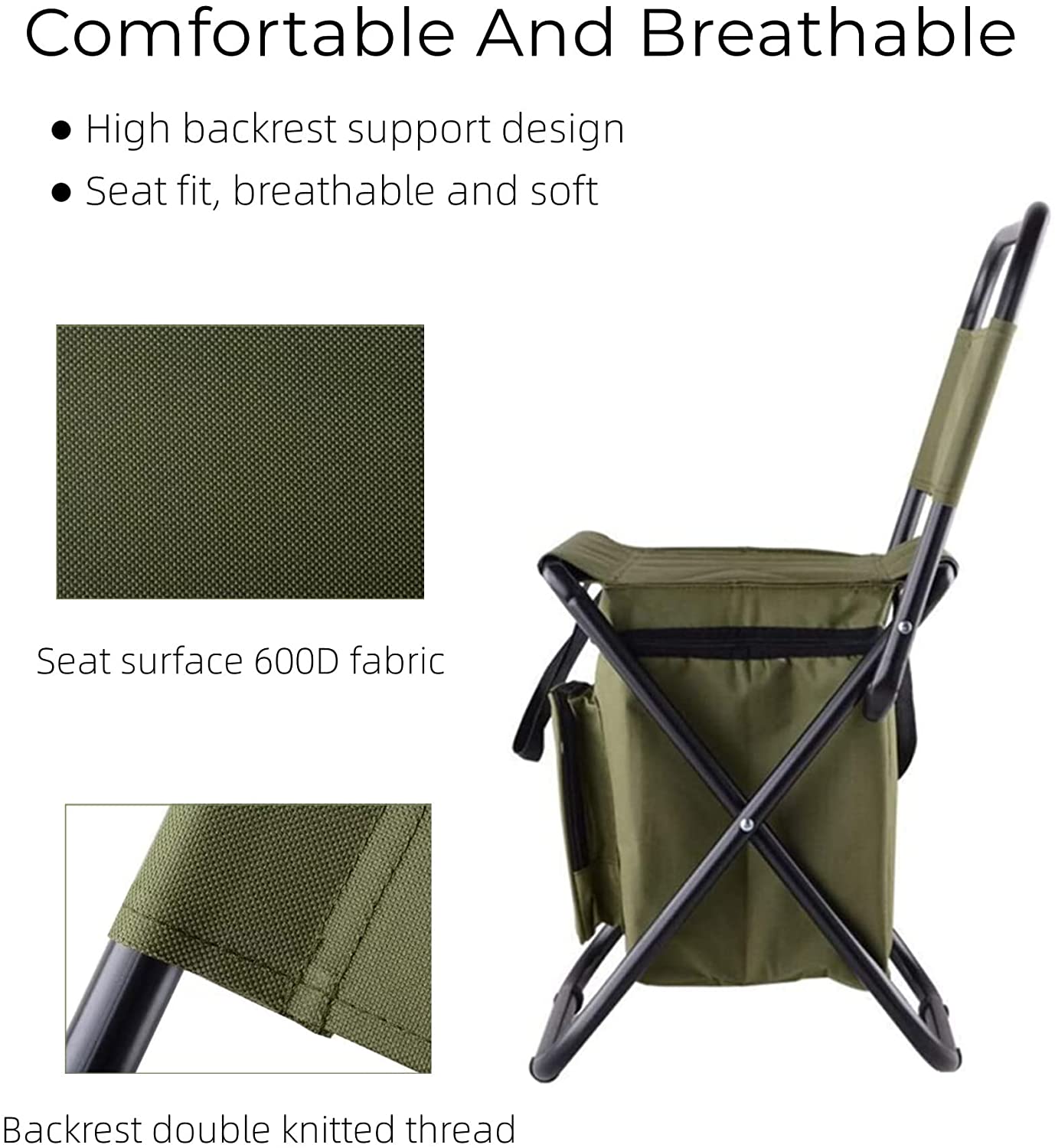 Portable Foldable Camping Chair with Cooler Bag, Lightweight Backrest Stool Compact Folding Chair Seat, Outdoor Backrest Stool with Folding Backpack for Camping Hunting Fishing Hiking