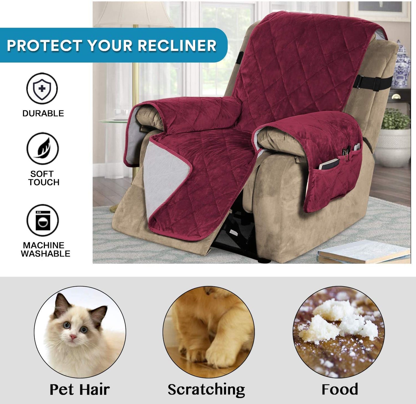 Recliner Covers Velvet Slip Resistant Recliner Sofa Slipcover Seat  Couch Furniture Protector with Elastic Straps Recliner Cover - Burgundy