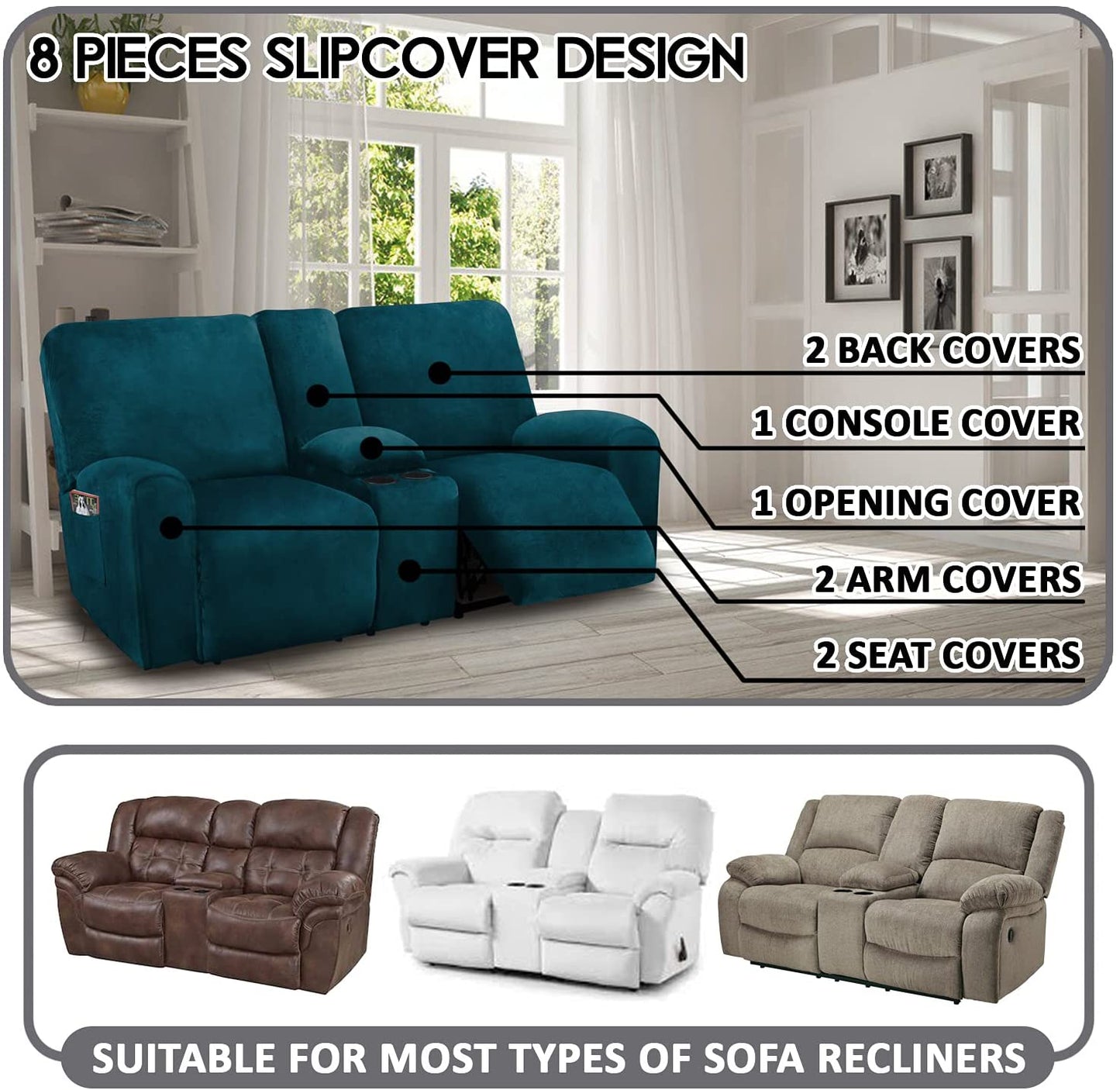 2 Seater with Middle Console Slipcover, Velvet Stretch Loveseat Reclining Sofa Covers, Thick, Soft, Washable, Deep Teal