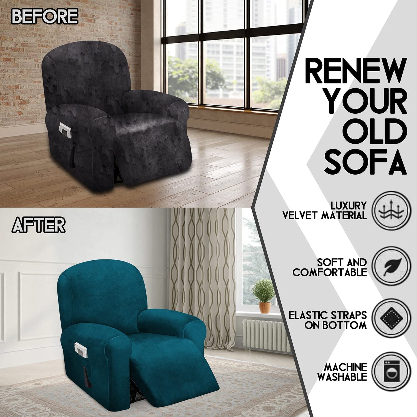 1 Seat Recliner Cover, Velvet Stretch Reclining Chair Covers for 1 Cushion Reclining Sofa, Single Seat Recliner Couch Cover, Thick, Very Soft, Machine Washable, Deep Teal