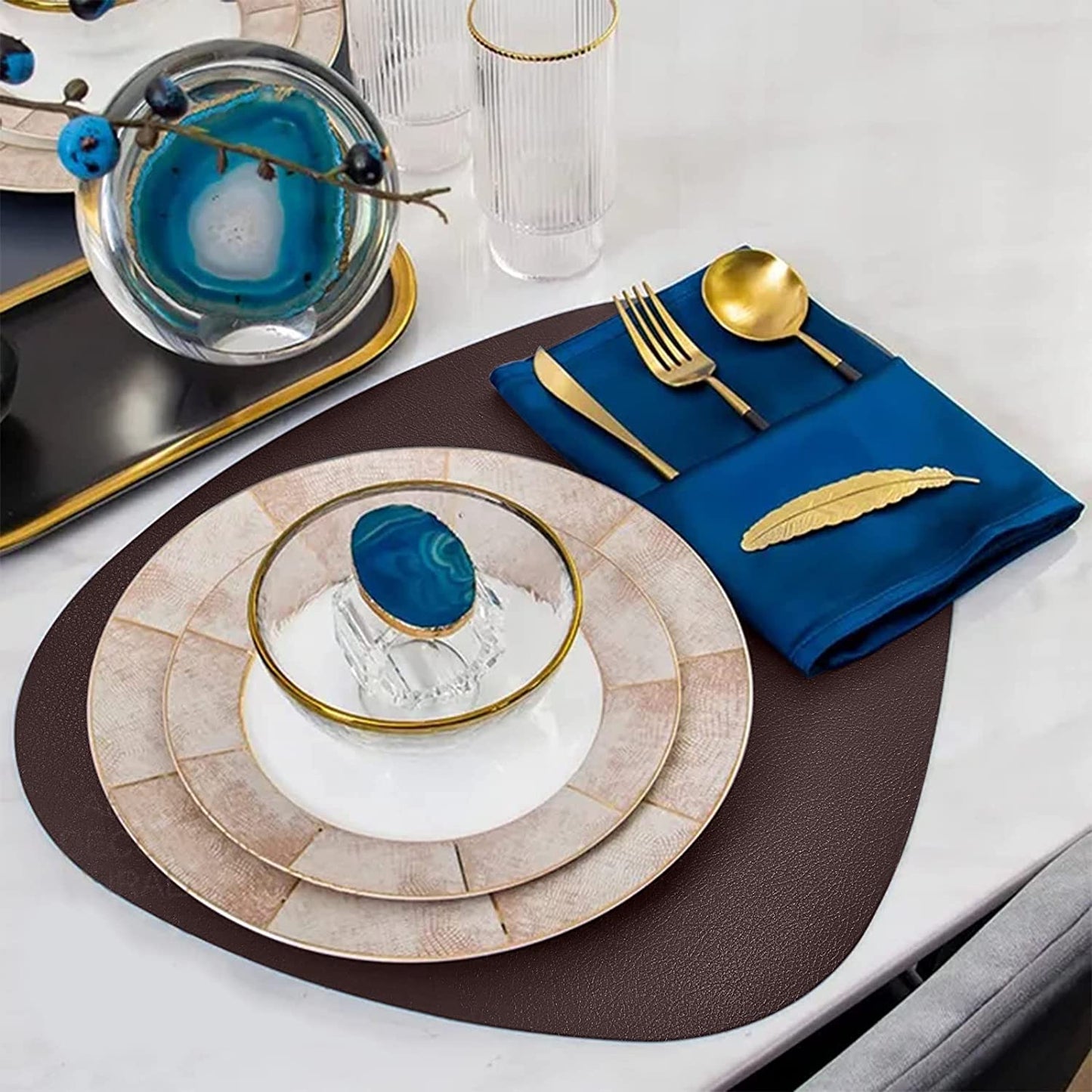 Cozy Life Modern Placemats Set of 4/6/8, Round Leather Placemats for Kitchen Dining Table, Heat Resist Easy to Clean Oval placemats(Brown)