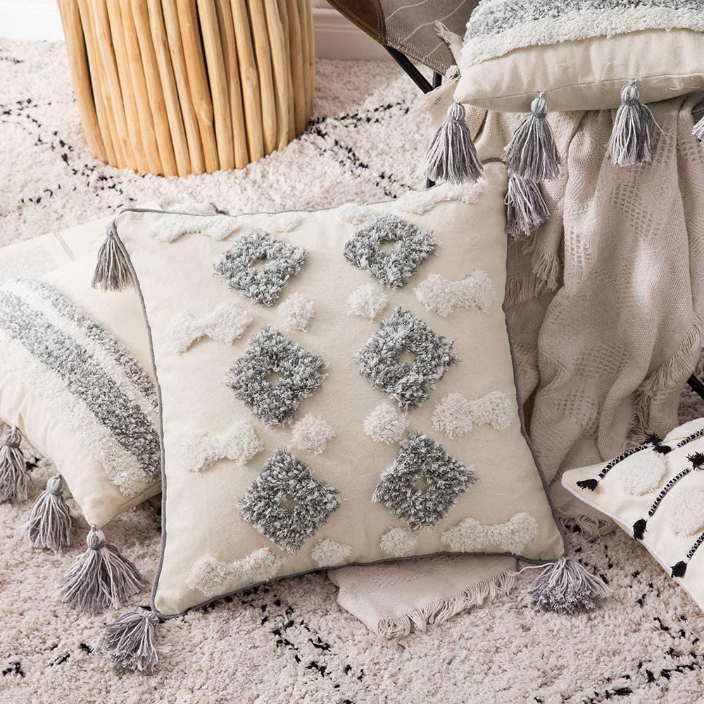 Tribal Boho Woven with Tassels Pillow Square Soft Couch Pillows Set of 2 (Inserts + Pillow Covers, Diamond)